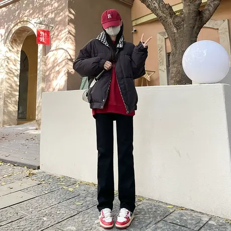 黑色高腰加绒直筒牛仔裤女秋冬2023年新款显瘦小个子九分烟管裤子商品大图