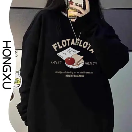 红续日系趣味简约印花图案圆领卫衣2023秋冬新款加厚显瘦上衣百搭图片