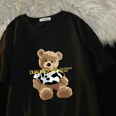 小熊满印夏季纯棉短袖t恤女ins潮流2024年新款宽松小众设计感上衣商品大图