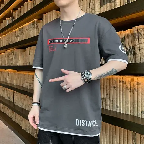 港风日系盐系纯棉圆领男士短袖T恤夏季薄款潮流百搭上衣服体恤衫图片