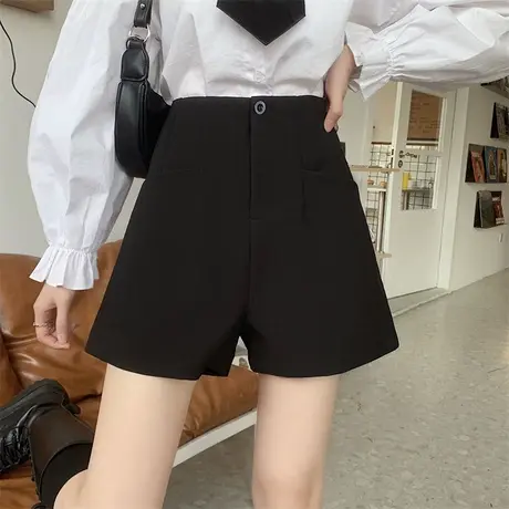 新款韩版春夏季黑色直筒短裤子女高腰小个子辣妹腰带显瘦休闲裤潮商品大图