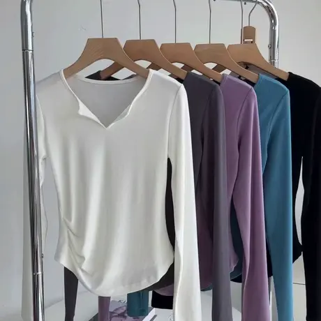 设计感半开领长袖t恤女春秋季修身显瘦打底衫上衣皱褶瑜伽舞蹈服商品大图