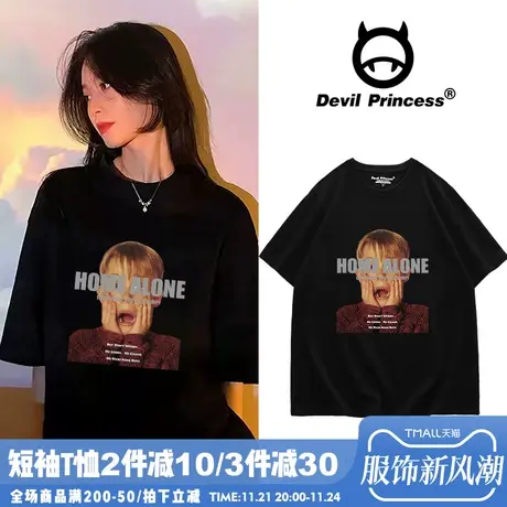 美式复古vintage街头黑色纯棉短袖女t恤oversize慵懒休闲圆领上衣商品大图