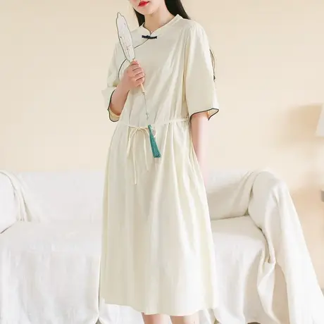 夏新品棉质暗纹中式旗袍裙大码复古显瘦旗袍长裙商品大图