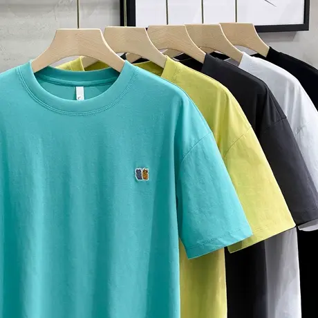 2023春夏新款短袖T恤男圆领小猫刺绣宽松潮流学生INS纯色打底上衣商品大图
