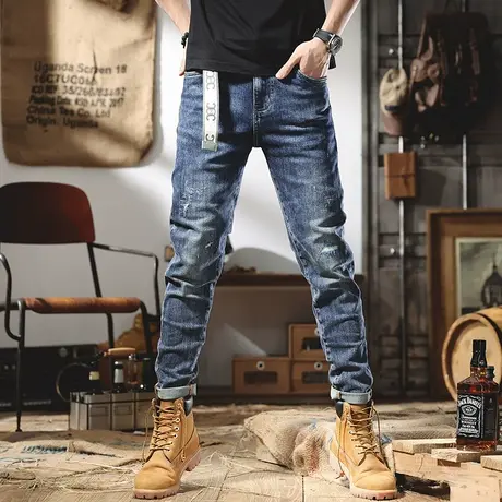 香港潮牌2022夏季新款牛仔裤男士高端潮流百搭修身小脚直筒长裤男商品大图