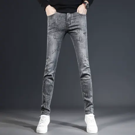 2023秋季男士印花高端牛仔裤男潮牌潮流长裤休闲弹力裤子修身小脚商品大图