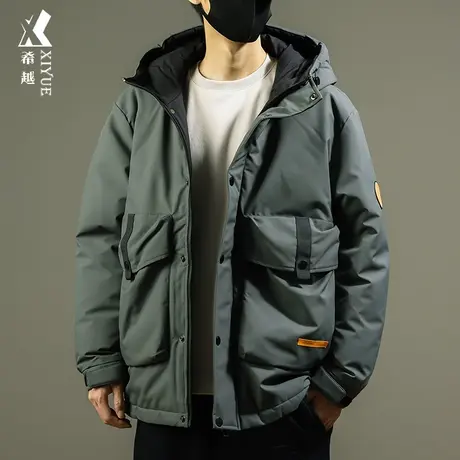 希越新国标羽绒服男冬季90白鸭绒工装连帽外套宽松大码特大码潮牌商品大图