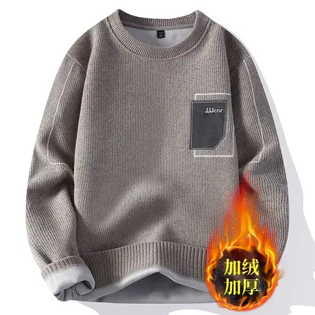 一体绒圆领毛衣男秋冬季2023新款加绒加厚线衣潮流韩版针织打底衫商品大图