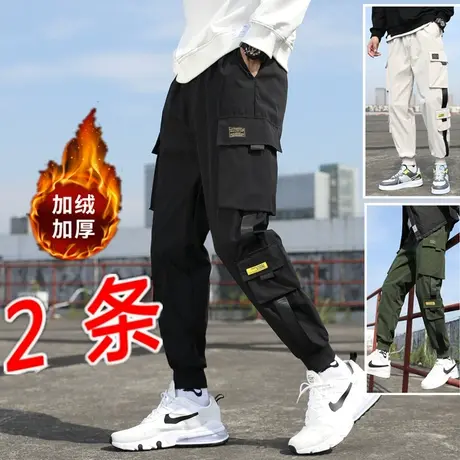 暗黑加绒秋冬季机能伞兵工装裤男士休闲长裤韩版潮流束脚裤子潮牌商品大图