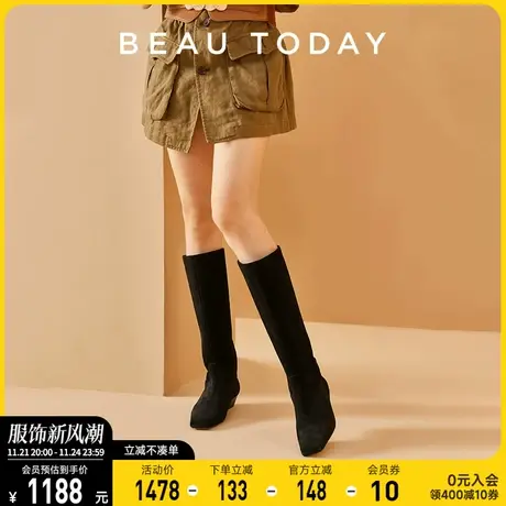 BeauToday不过膝长筒靴女2024新款法式瘦瘦靴女真皮骑士靴女高筒图片