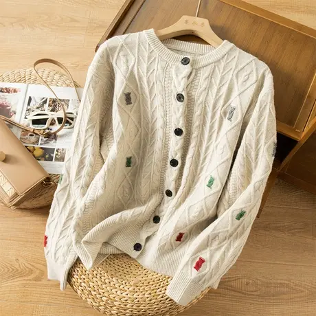 享永子绞花针织开衫女文艺复古港味宽松刺绣毛衣外套2023春秋新款商品大图