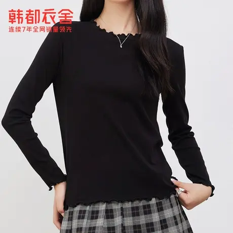 韩都衣舍2023春季打底衫内搭木耳边短款针织长袖T恤DFV1100036T商品大图