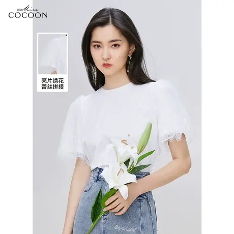 miss COCOON白色短袖t恤女2023新款夏季时尚洋气蕾丝拼接打底上衣商品大图