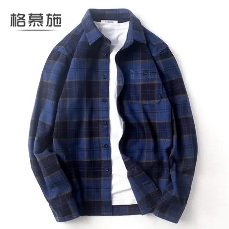 格慕施男士法兰绒纯棉衬衫春秋季厚款潮流格子长袖衬衣日系外套男商品大图