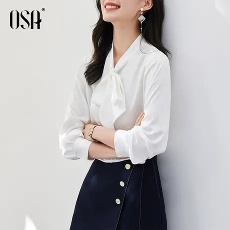 OSA欧莎法式白色V领飘带衬衫女2023年新款春装长袖衬衣ol职业上衣商品大图