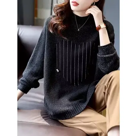 2024春季新款韩版胖mm大码女装设计师款长袖烫钻毛衣百搭打底上衣商品大图