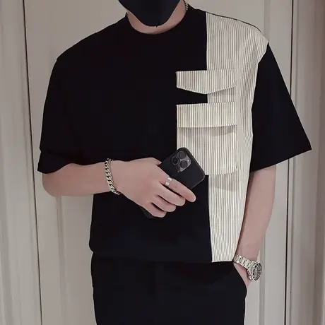 夏季男士t恤上衣短袖个性条纹拼接设计宽松半袖潮流休闲圆领体恤商品大图