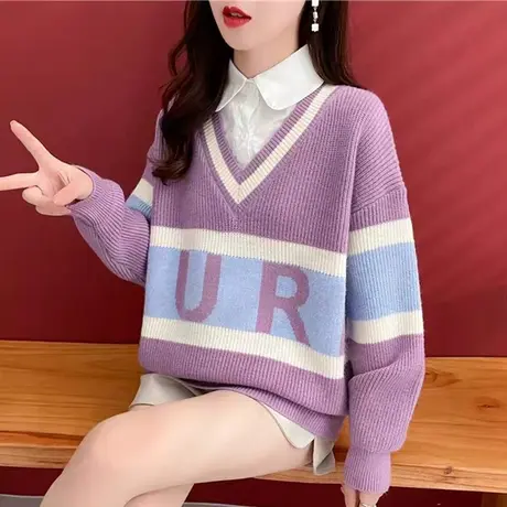 秋冬2023年新款polo领假两件毛衣冬季高级感穿搭外穿针织衫洋气女商品大图