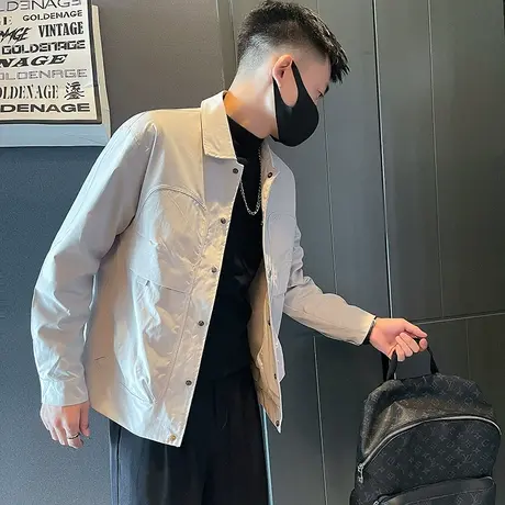 潮牌翻领工装夹克男2023春秋季早秋重磅美式痞帅休闲上衣薄款外套商品大图