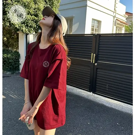 yoe200g重磅酒红色左胸兔子体恤简约oversize纯棉短袖t恤女上衣商品大图