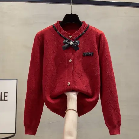 圆领针织开衫女2024春秋冬新款宽松外穿上衣菱形洋气外搭毛衣外套商品大图