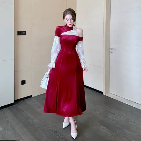 敬酒服新娘酒红色晚礼服平时可穿气质优雅结婚伴娘团回门连衣裙商品大图