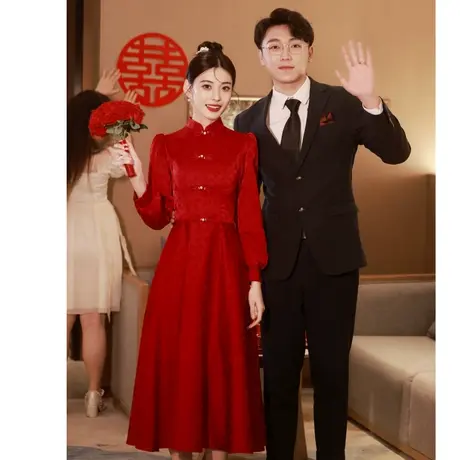 中式旗袍敬酒服2023新款新娘回门服冬季长袖订婚礼服小个子中长款商品大图