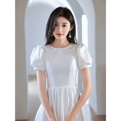白色小晚礼服裙轻奢小众高端订婚缎面连衣裙小个子法式娃娃领高级商品大图