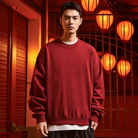 2024新年圆领本命年纯色宽松加绒酒红色龙年卫衣男大码男装打底衫商品大图