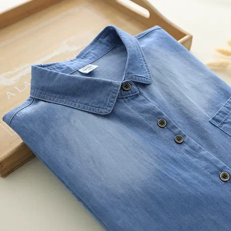 春秋款韩版文艺纯棉牛仔长袖衬衫女宽松休闲多纽扣衬衣薄外套打底图片