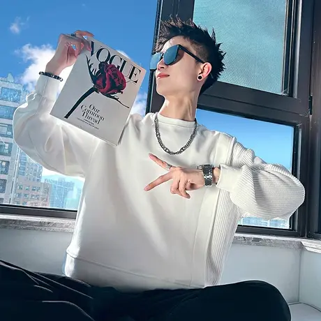 假两件卫衣男春季纯色潮牌重磅拼接上衣ins小众宽松内搭长袖T恤衫商品大图