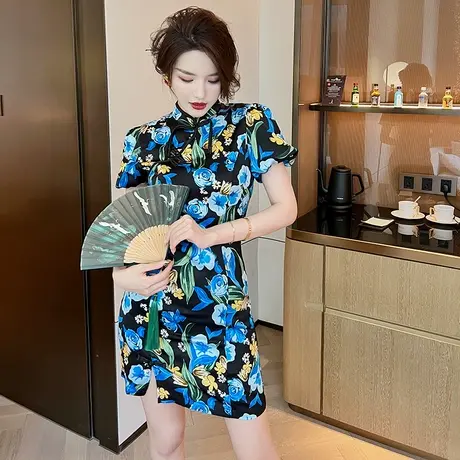 轻奢名媛泡泡袖短款改良旗袍小个子夏季新款气质优雅碎花连衣裙女图片