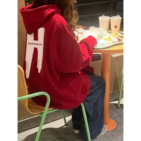 红色连帽卫衣女2022年新款秋冬加绒加厚宽松oversize小众外套潮牌图片