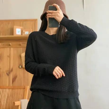 dza 复古纯色宽松格子棉线针织衫女春新款休闲内搭打底衫毛衣上衣图片