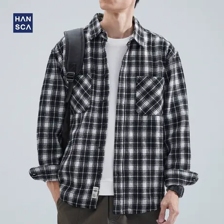 hansca格子磨毛衬衫男长袖纯棉潮流青少年秋季休闲宽松工装外套男商品大图