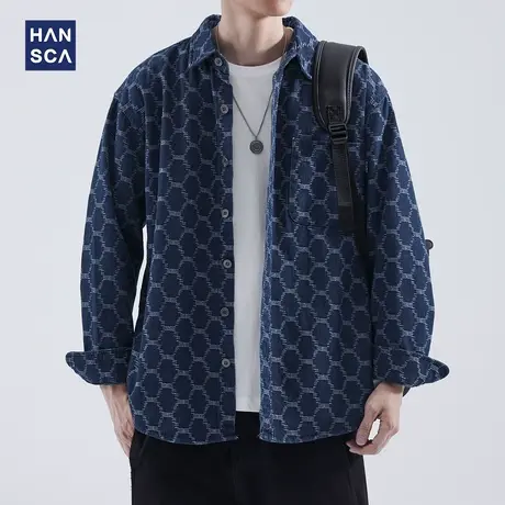 hansca长袖衬衫男秋季新款纯色日系潮牌青少年大口袋宽松休闲外套商品大图
