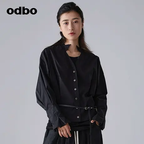 odbo/欧迪比欧复古气质泡泡袖黑色长袖衬衫女春季新款高级感上衣商品大图