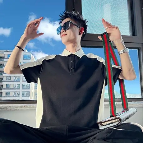 夏季短袖POLO衫男ins潮牌撞色插肩半截袖休闲个性翻领半袖T恤上衣商品大图