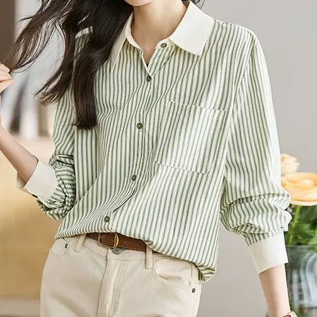 【3月4春新品8折】法式POLO领条纹衬衫上衣设计感百搭小众衬衣女图片