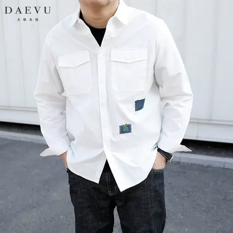 春秋新款白色休闲日系潮胖子大号加肥加大码男士长袖衬衫外套衬衣商品大图