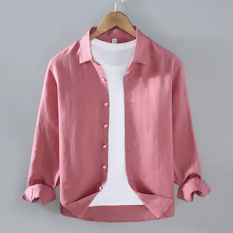 亚麻衬衫男2024新款休闲薄款长袖百搭纯色衬衣上衣男士外套春秋潮商品大图