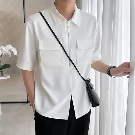 2023夏季高品质休闲潮流痞帅垂感抗皱冰丝短袖T恤宽松百搭衬衫男商品大图