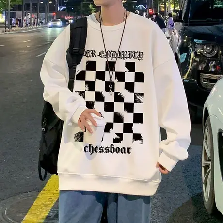 美式潮牌棋盘格卫衣男秋冬季长袖t恤ins潮流港风打底衫宽松上衣服商品大图