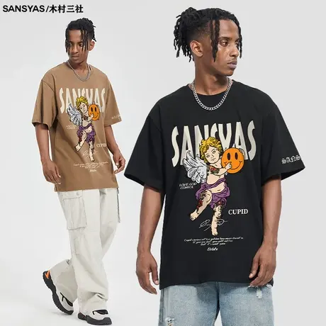 木村三社天使印花上衣2023潮牌t恤男百搭宽松纯棉夏季美式短袖图片
