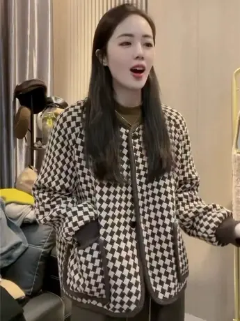 千鸟格名媛款小香风外套女短款千鸟格时尚高级感宽松短外套上衣图片