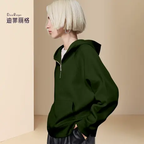 迪菲丽格减龄休闲卫衣秋季2023新款女装慵懒风绿色半拉链连帽上衣图片