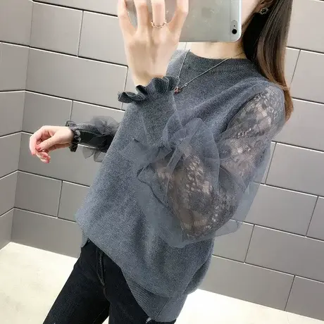 秋装2022年新款女时尚蕾丝袖毛衣女宽松外穿洋气针织打底衫女上衣图片