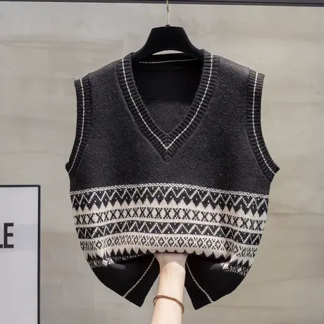 v领条纹针织马甲背心女2023秋装新款宽松外穿马夹叠穿毛衣坎肩潮商品大图