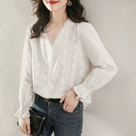 2023秋装法式甜美设计感小众长袖白衬衫女上衣秋季新款刺绣衬衣图片